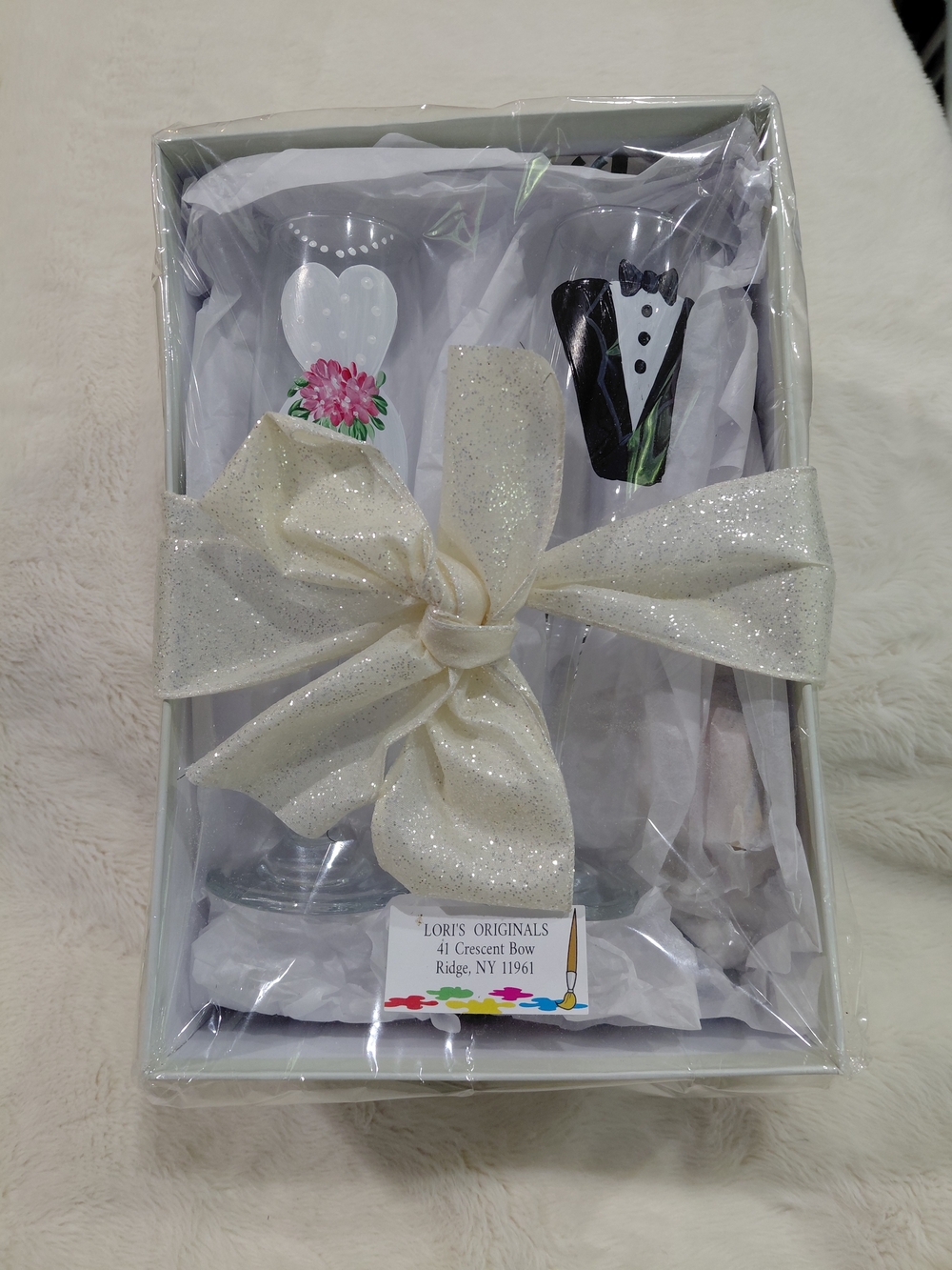 NWT Bride & Groom Champagne Flutes with A Card Holder Box